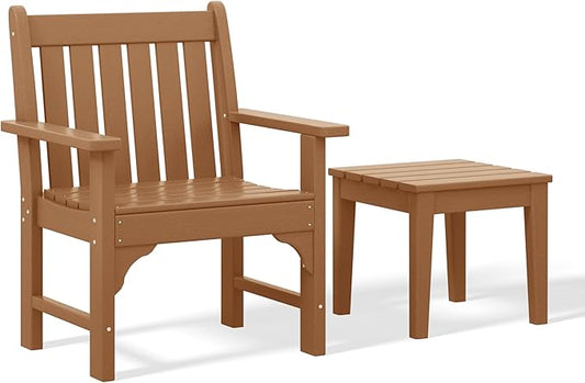 Costaelm Outdoor Patio Table and Chairs Set of 2, 2-Piece HDPE Garden Chair with Square Adirondack Side Table Set, Porch Chairs Coffee Table for Outside Porch Backyard, Teak