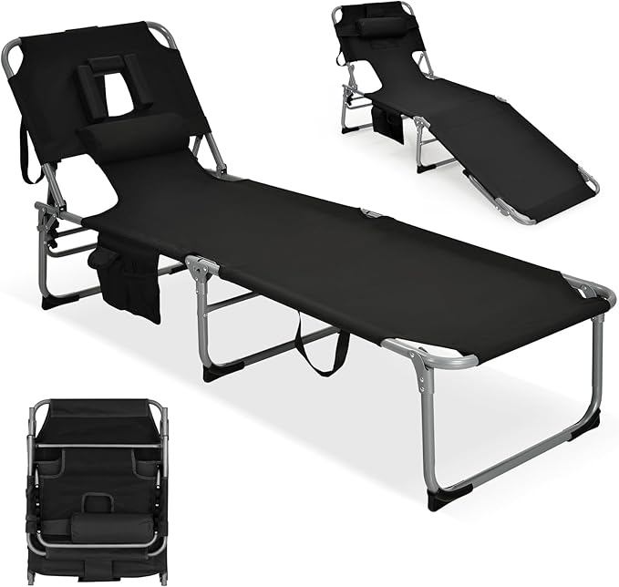 GYMAX Tanning Chair, Folding Lounger with Face/Arm Holes, Carry Handles & Side Pocket - Photo 1