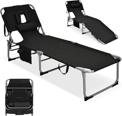GYMAX Tanning Chair, Folding Lounger with Face/Arm Holes, Carry Handles & Side Pocket, Portable Lightweight Layout Beach Chair for Outdoor/Indoor, Face Down Sun Lounger (1, Black)