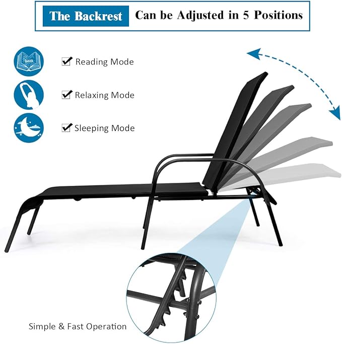 Tangkula Lounge Chair Outdoor, Patio Chaise Lounge with Adjustable Backrest, Reclining Pool Lounge Chair for Outside with Heavy Duty Steel Frame, Suitable for Beach, Yard, Balcony, Poolside
