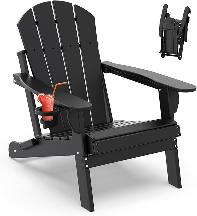 IVY&LANE Folding-Adirondack-Chair | HDPE Plastic | Outdoor Fire Pit Chairs with Cup Holder | Black | Poly | Weather Resistant | for Patio Deck Poolside Garden Beach