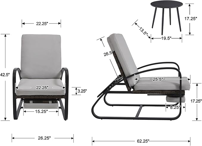3 Piece Patio Furniture Set, Metal Patio Chairs with Fold Out Foot Rest, 5-Position Adjustable Patio Chaise Lounge Outdoor, Pool Lounges Chair Outdoor Recliners with Side Table for Deck, Grey