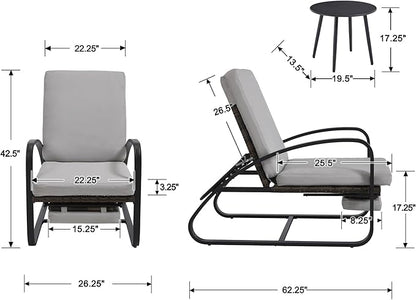3 Piece Patio Furniture Set, Metal Patio Chairs with Fold Out Foot Rest, 5-Position Adjustable Patio Chaise Lounge Outdoor, Pool Lounges Chair Outdoor Recliners with Side Table for Deck, Grey