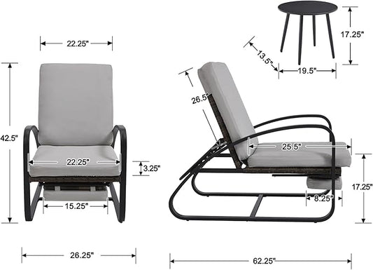 3 Piece Patio Furniture Set, Metal Patio Chairs with Fold Out Foot Rest, 5-Position Adjustable Patio Chaise Lounge Outdoor, Pool Lounges Chair Outdoor Recliners with Side Table for Deck, Grey