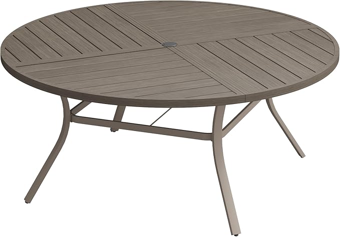 Patio Dining Table for 8-10, Round Metal Outdoor Table with Storage Shelf, 1.57" Umbrella Hole, 60" Outdoor Quartered Tabletop Dining Table for Backyard, Porch, Lawn, Grey