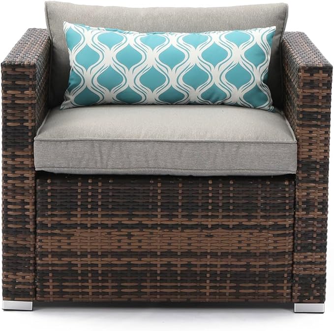 COSIEST All-Weather Patio Chair, Single Brown Wicker Chair with Thick Gray Cushions & Teal Pillow - Photo 1
