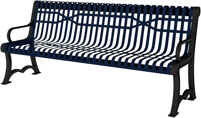 COATEDOUTDOORFURNITURE Heavy-Duty Outdoor Bench Thermoplastic Coated, Slatted Steel, Commercial-Grade Garden Bench, Made in America (Portable with Back, 4 Ft, Textured Dark Blue)