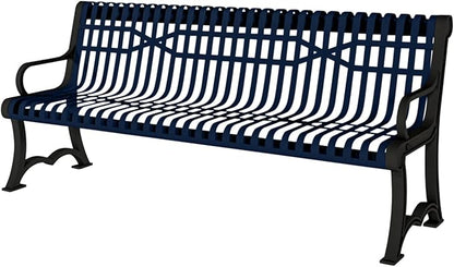 COATEDOUTDOORFURNITURE Heavy-Duty Outdoor Bench Thermoplastic Coated, Slatted Steel, Commercial-Grade Garden Bench, Made in America (Portable with Back, 4 Ft, Textured Dark Blue)