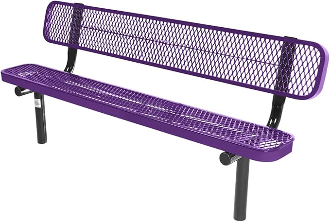 COATEDOUTDOORFURNITURE Coated Outdoor Furniture Heavy-Duty Outdoor Bench Thermoplastic Coated, Expanded Metal, Commercial-Grade Seating, Made in America (Inground with Back, 6 Ft, Textured Purple)