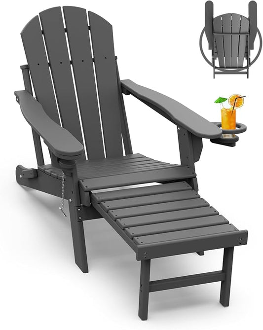 GREENVINES Adirondack-Chairs-with-Ottoman | Folding | Retractable-Footrest | HDPE Plastic | All Weather Fire Pit Chair | Cup Holders | Grey | for Outdoor Poolside