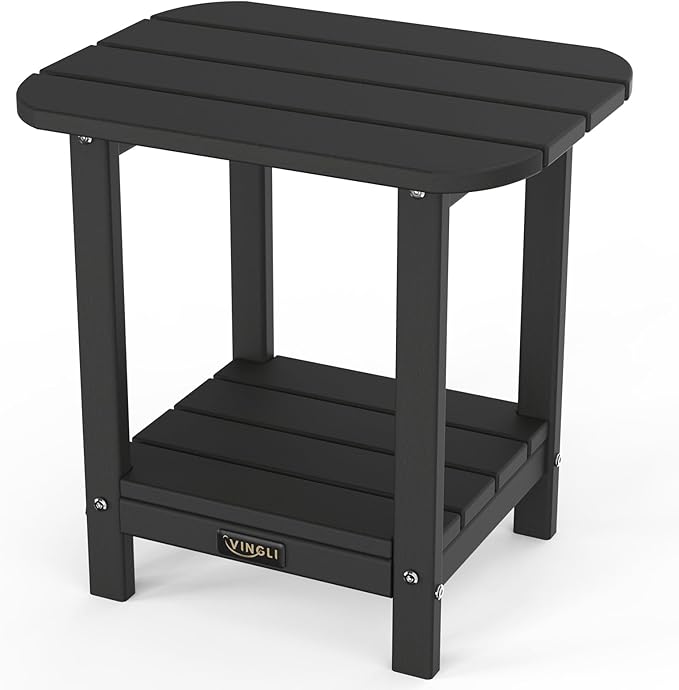 VINGLI Outdoor Side Table, 2-Tier HDPE Adirondack Side Table with Storage, Weather-Resistant Patio End Table for Backyard, Pool, Deck, Indoor Use (Black)