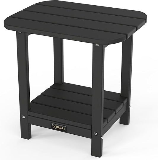 VINGLI Outdoor Side Table, 2-Tier HDPE Adirondack Side Table with Storage, Weather-Resistant Patio End Table for Backyard, Pool, Deck, Indoor Use (Black)