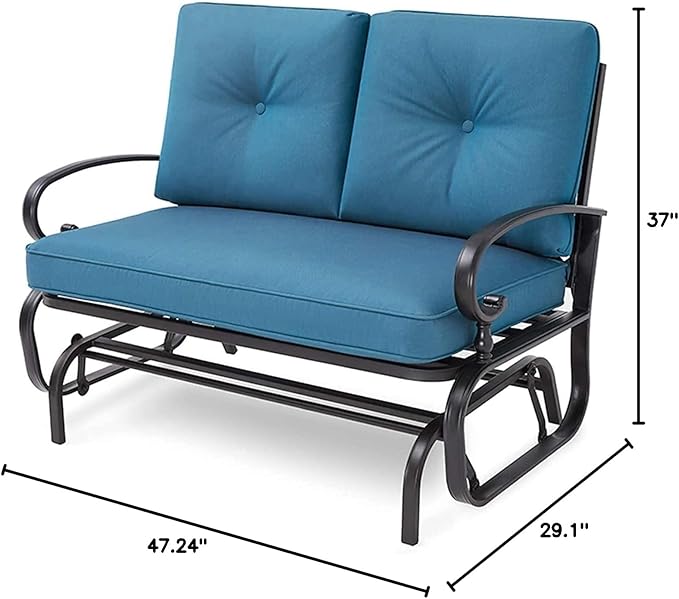 Patio Bench, Porch Glider Outdoor Swing Glider Rocking Loveseat, Steel Frame Chair with Thick Cushion (Peacock Blue) - Photo 8