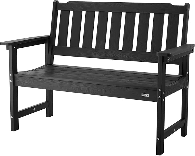 VEVOR Outdoor Bench, 50.5 inch, 800 lbs Weight Capacity for 2-3 Persons, Weatherproof Plastic Frame with Backrest and Wide Armrests, Outside Bench for Patio, Garden, Park, Yard, Front Porch, Black
