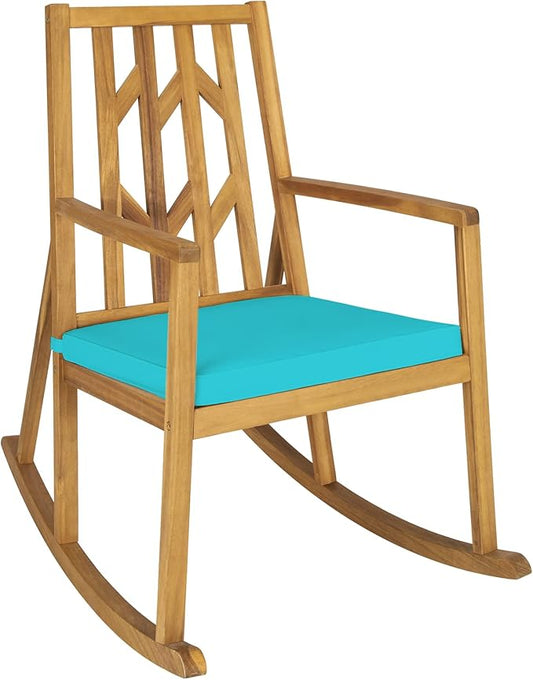 Tangkula Acacia Wood Patio Rocking Chair, Outdoor Porch Rocker W/Removable High-Density Cushion, All-Weather Resistance, Balanced Rocking Base, Perfect for Garden, Backyard, Poolside (1, Turquoise)