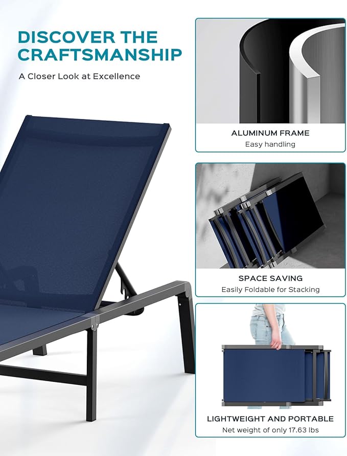 Ciokea Patio Chaise Lounge Chair, Foldable Lounge Chair for Outside, Aluminum Chairs Set of 2 with 5 Adjustable Backrest - Photo 4