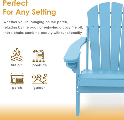 IVY&LANE Folding-Adirondack-Chair | HDPE Plastic | Outdoor Fire Pit Chairs with Cup Holder | Arctic | Poly | Weather Resistant | for Patio Deck Poolside Garden Beach