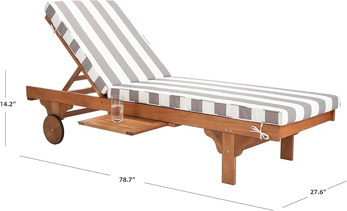SAFAVIEH Outdoor Collection Newport Natural/ Grey & White Stripe Cushion Built-in Side Table Adjustable Chaise Lounge - Photo 5