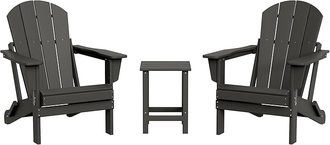 WestinTrends Malibu 3-Pieces Adirondack Chairs Set with Side Table, All Weather Outdoor Seating Plastic Patio Lawn Chair Folding for Outside Porch Deck Backyard, Gray