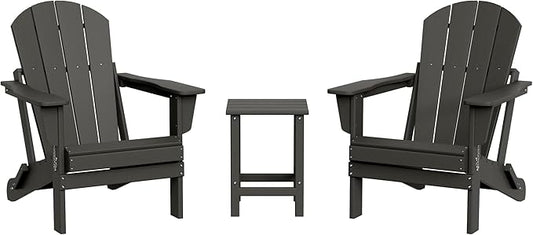 WestinTrends Malibu 3-Pieces Adirondack Chairs Set with Side Table, All Weather Outdoor Seating Plastic Patio Lawn Chair Folding for Outside Porch Deck Backyard, Gray