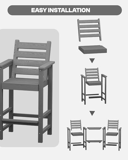 Tall HDPE Adirondack Bar Chairs Set of 2, Outdoor Balcony Bar-Height Chairs with Extra-Large Side Trays & 2" Umbrella Hole, All-Weather Patio Stools for Porch, Deck, Garden (Gray, 2chair)