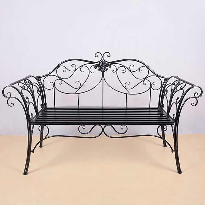Retro Metal Garden Bench, 2-Seater Loveseat with Curved Backrest & Armrests, Outdoor Patio Furniture for Yard, Porch, Park, Lawn, Supports 250kg, Black Finish