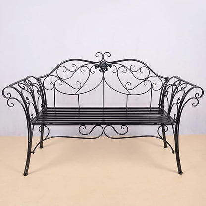 Retro Metal Garden Bench, 2-Seater Loveseat with Curved Backrest & Armrests, Outdoor Patio Furniture for Yard, Porch, Park, Lawn, Supports 250kg, Black Finish