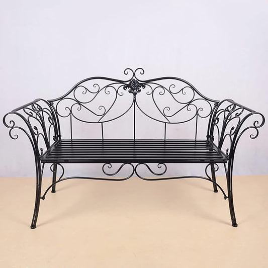 Retro Metal Garden Bench, 2-Seater Loveseat with Curved Backrest & Armrests, Outdoor Patio Furniture for Yard, Porch, Park, Lawn, Supports 250kg, Black Finish