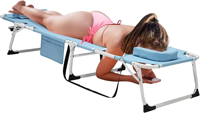 DoCred Heavy Duty Tanning Chair with Face Hole, Adjustable 5-Position Folding Chaise Lounge Chairs for Outside, Portable Lay Flat Beach Lounge Chair for Outdoor Sunbathing Beach Pool Lawn Camping