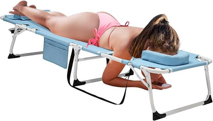 DoCred Heavy Duty Tanning Chair with Face Hole, Adjustable 5-Position Folding Chaise Lounge Chairs for Outside, Portable Lay Flat Beach Lounge Chair for Outdoor Sunbathing Beach Pool Lawn Camping