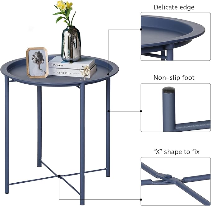 VECELO Side/End Table, Folding Round Metal Anti-Rust and Waterproof Outdoor or Indoor Tray for Living Room Bedroom - Photo 7