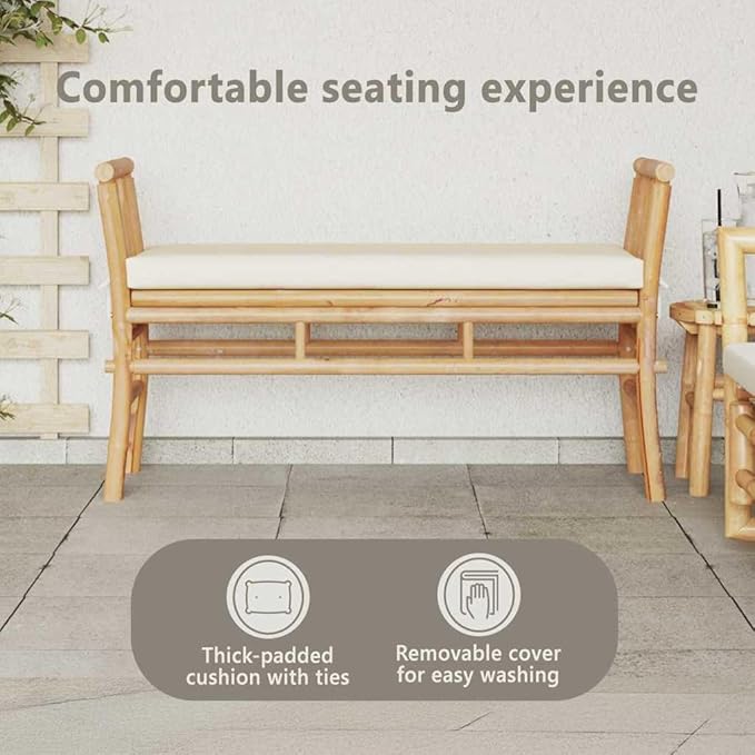 vidaXL Garden Bench with Cushion Brown 110 x 38 x 65cm Bamboo, Modern Outdoor Furniture, Rectangular Bench for Relaxing, Eco-Friendly Patio Seat, Durable for Your Garden!