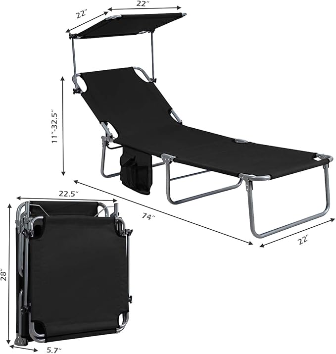 Giantex Tanning Chair, Patio Chaise Lounge Chair with 5 Adjustable Position, Shade Canopy, Storage Pocket, Camping Cot, Outdoor Sunbathing Recliner for Poolside, Lawn Folding Beach Chairs(1, Black)