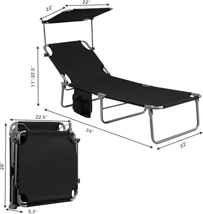 Giantex Tanning Chair, Patio Chaise Lounge Chair with 5 Adjustable Position, Shade Canopy, Storage Pocket, Camping Cot, Outdoor Sunbathing Recliner for Poolside, Lawn Folding Beach Chairs(1, Black)