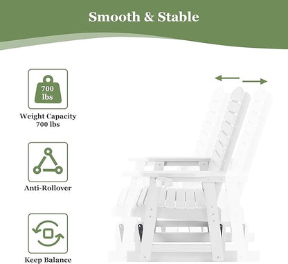Poly Lumber Patio Glider with Cup Holders, High Backrest and Deep Contoured Seat, HIPS Material, All-Weather Resistant, Heavy Duty 700 Pounds (White, 1-Seat)