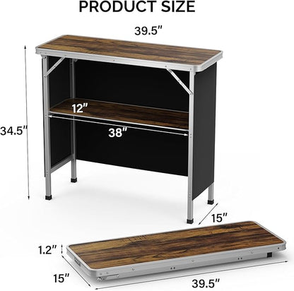 VINGLI 39" Portable Bar Table, Mobile Bar Table for Events, Party, Camping, Picnic, Tradeshow, Outdoor & Indoor with Black Skirt Carry Bag（Natural）