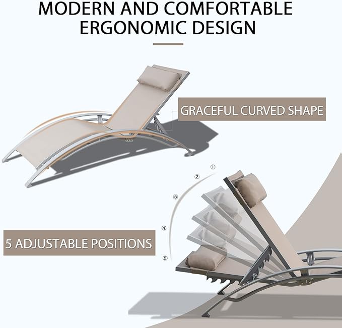 Domi Pool Lounge Chairs Set of 3, Adjustable Aluminum Outdoor Chaise Lounge Chairs with Metal Side Table - Photo 4