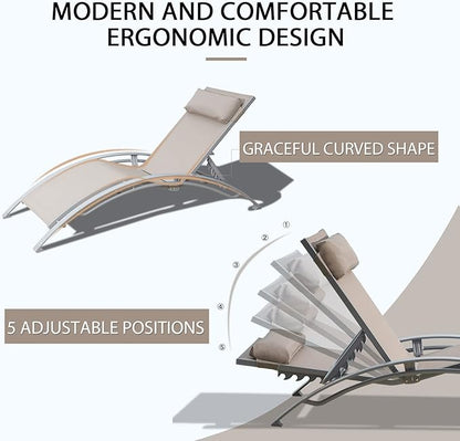 Domi Pool Lounge Chairs Set of 3, Adjustable Aluminum Outdoor Chaise Lounge Chairs with Metal Side Table, All Weather for Deck Lawn Poolside Backyard -Beige Textilene
