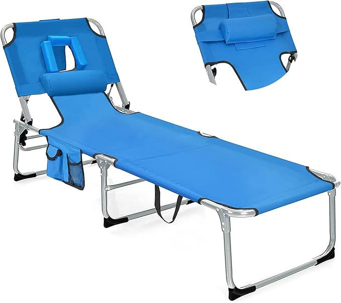 Goplus Tanning Chair, Folding Beach Lounge Chair with Face &Arm Hole, 5-Position Adjustable, Removable Pillow - Photo 1