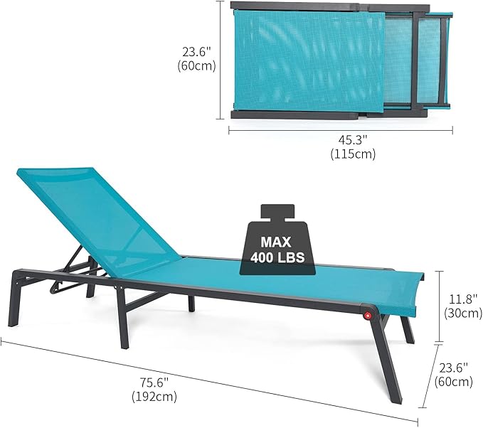 Aluminum Chaise Lounge Chair Outdoor, Foldable Patio Lounge Chair 2 Sets with Table Assemble-Free, Pool Lounge Chairs with 5 Adjustable Backrest, Outdoor Lounge Chairs for Outside Poolside Blue