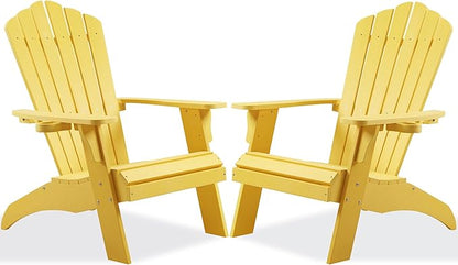 Psilvam Adirondack Chair, Oversized Poly Lumber Fire Pit Chair with Cup Holder, 350Lbs Support Patio Chairs for Garden, Weather Resistant Adirondack Chair Looks Like Real Wood (2, Yellow)