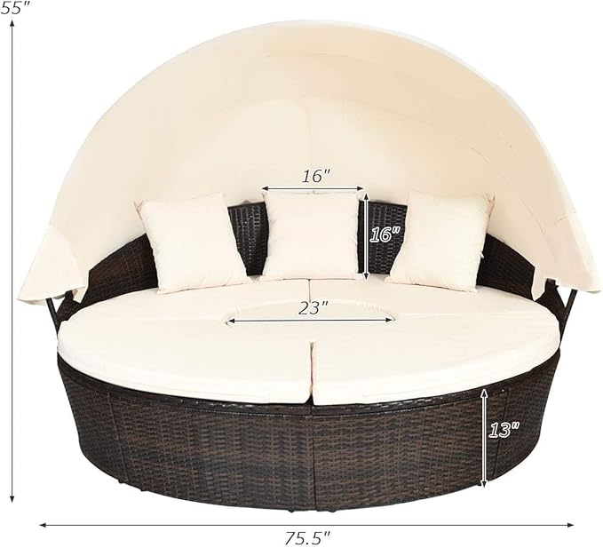 HAPPYGRILL Patio Round Daybed with Canopy, Outdoor Wicker Rattan Sectional Sofa with Coffee Table, Cushions - Photo 7