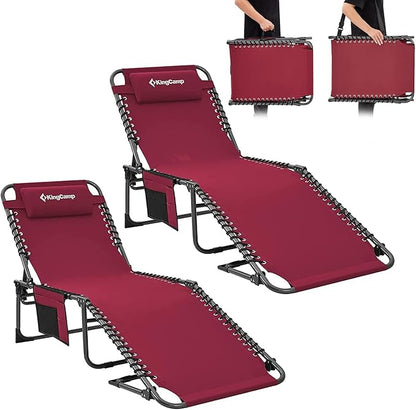 KingCamp 2 Pack Lounge Chair Outdoor, Folding Portable Tanning Chairs Comfy Adjustable 5-Position Lay Flat Foldable Chaise Chaser Lounger with Pillow for Outside Beach Patio Sun Bathing Pool, Wine