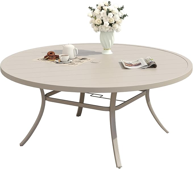 Patio Dining Table for 6-8, Round Metal Outdoor Table with 1.57" Umbrella Hole, 50" Outdoor Slat Tabletop Dining Table for Backyard, Porch, Lawn, Sand