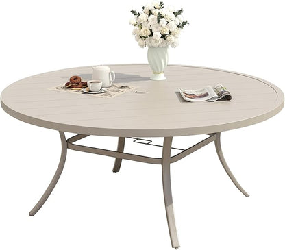 Patio Dining Table for 6-8, Round Metal Outdoor Table with 1.57" Umbrella Hole, 50" Outdoor Slat Tabletop Dining Table for Backyard, Porch, Lawn, Sand