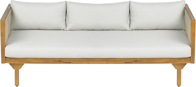 Merax Acacia Wood Outdoor Patio Loveseat Sofa w/Coushion and & Light Brown Rope, 3-Seater Sofa Daybed for Backyard, Lawn, Deck, Balcony, Water Repellent Fabric, 600 lbs Capacity,Teak +Light Gray
