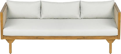 Merax Acacia Wood Outdoor Patio Loveseat Sofa w/Coushion and & Light Brown Rope, 3-Seater Sofa Daybed for Backyard, Lawn, Deck, Balcony, Water Repellent Fabric, 600 lbs Capacity,Teak +Light Gray