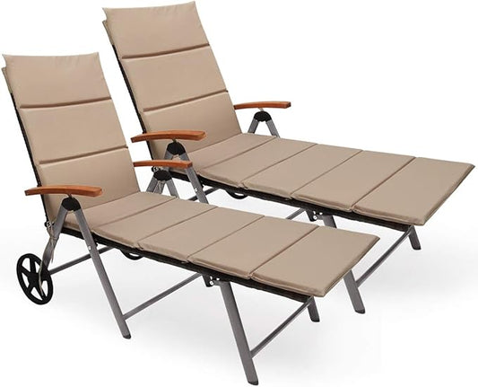 COSTWAY 2 PCS Folding Rattan Lounge with Wheels, Aluminum Patio Lounger with 7 Adjustable Positions, Soft Cushion, Ideal for Outdoor Use (Brown)