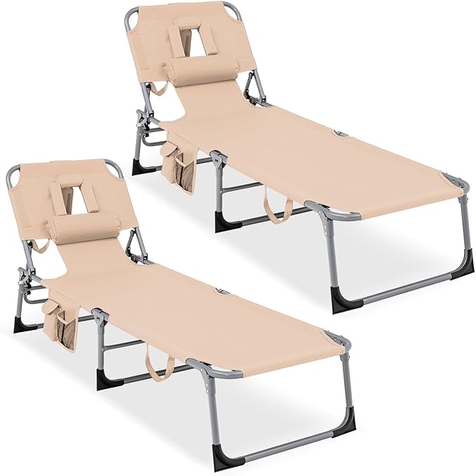 GYMAX Tanning Chair, Folding Lounger with Face/Arm Holes, Carry Handles & Side Pocket - Photo 1