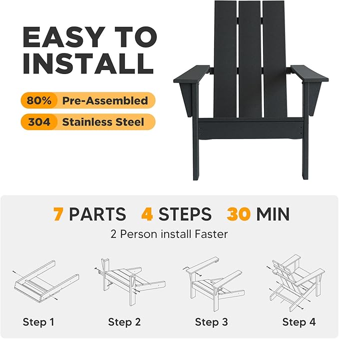 PROHIKER Adirondack Chair, HDPE Patio Chair, All Weather Outdoor Chairs for Lawn Garden Porch Backyard(Black)